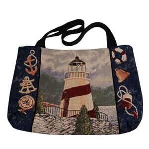Lighthouse & Nautical Coastal Scene Mohawk Home Vtg Shoulder Book Bag 15" USA‎